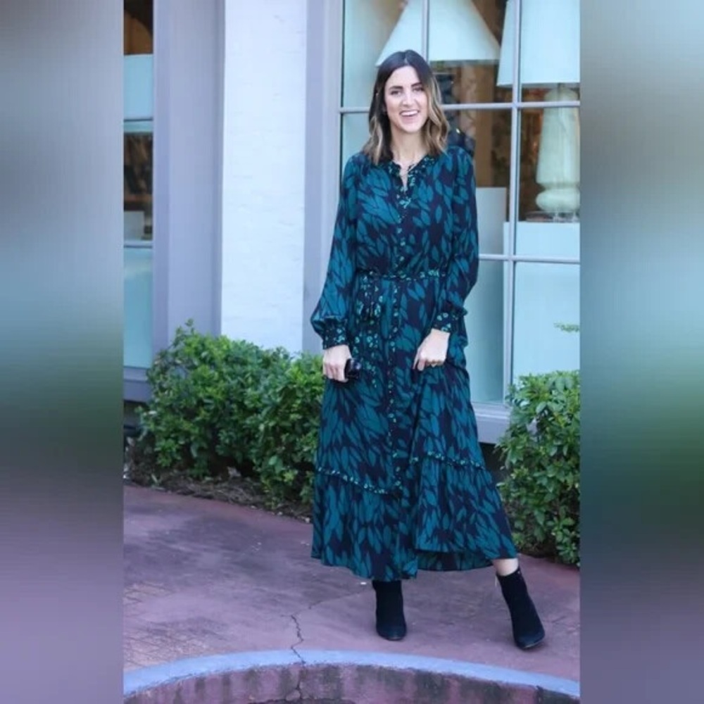 CAbi Green and Black Long Sleeve Autumn Button-Down Printed Maxi Dress Medium